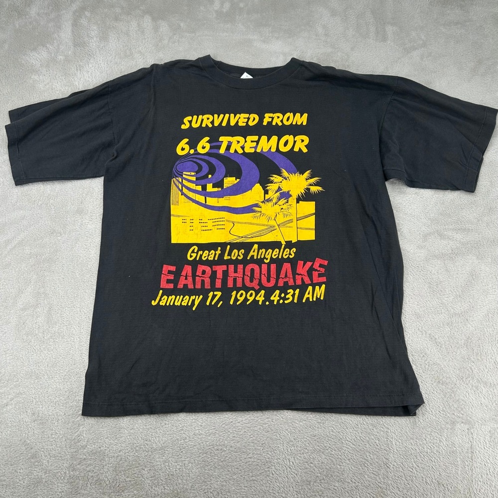 VTG 90s Ritz I Survived Los Angeles Northridge Earthquake Shirt Mens XL Black‎